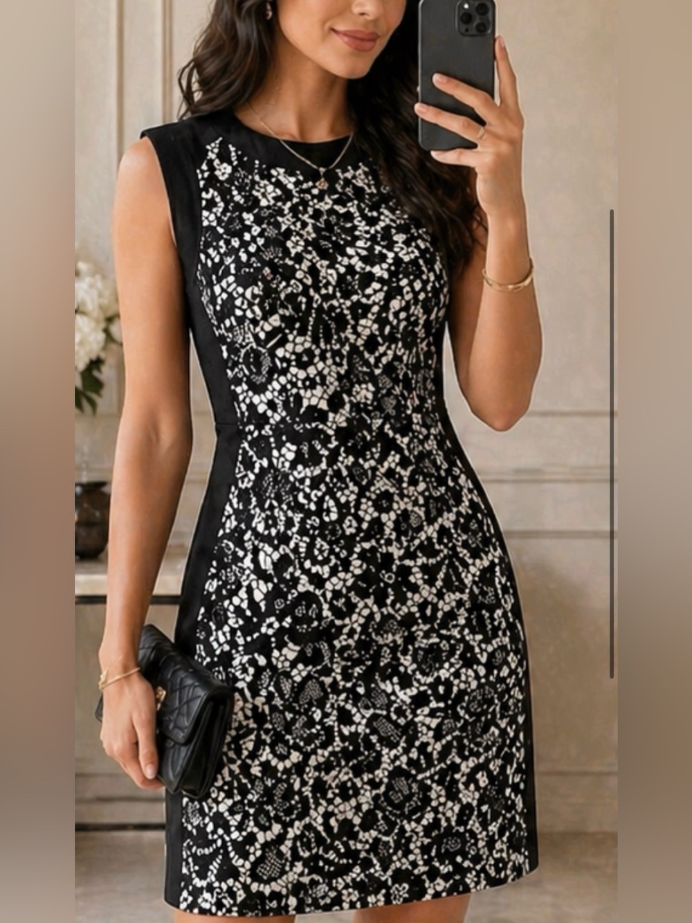 Sleeveless Black Lace Midi Dress with White Underlay